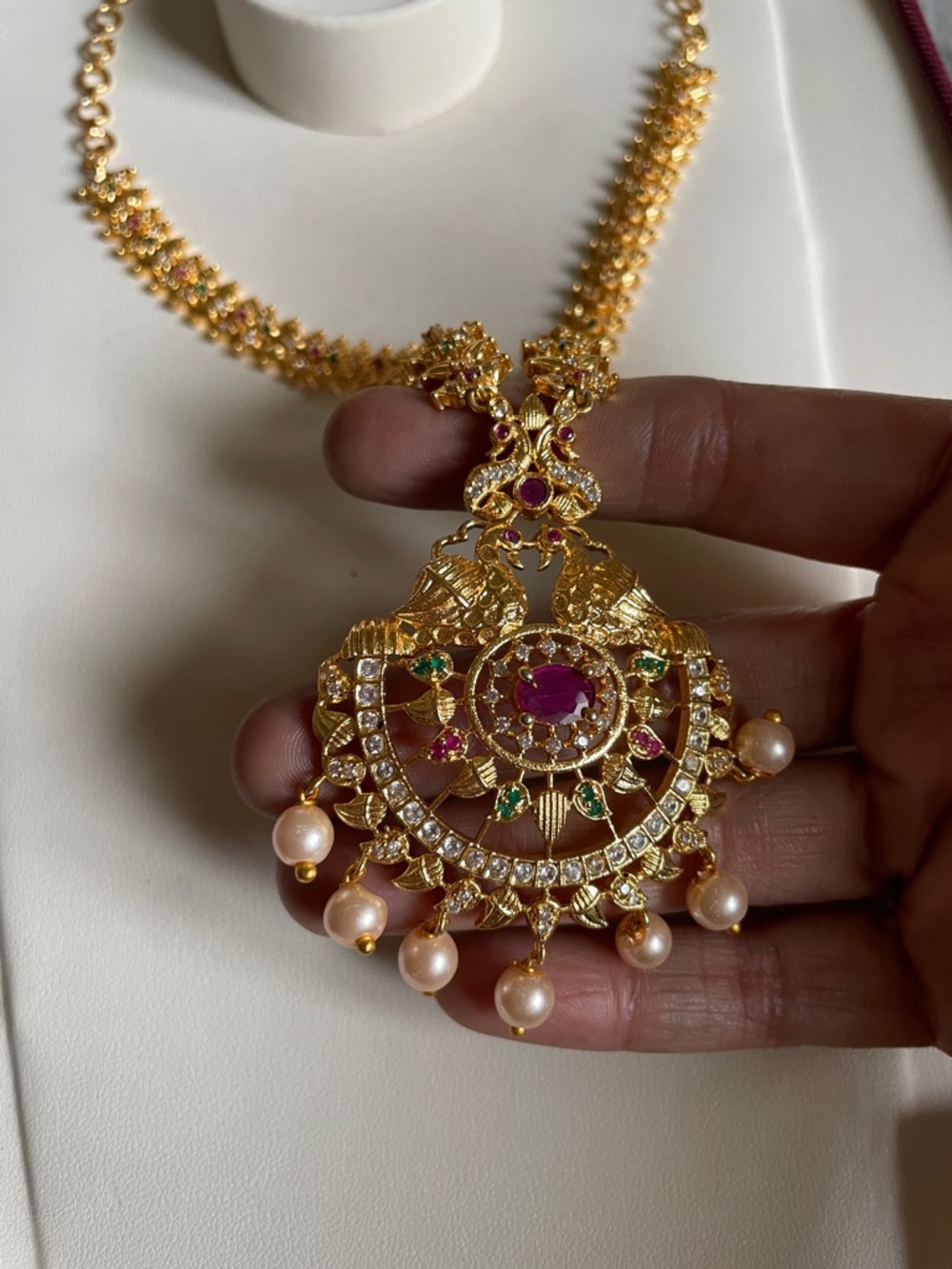 Gold-Tone Pink Stone Pendant Necklace - Women Jewelry - Picture 5 of 6